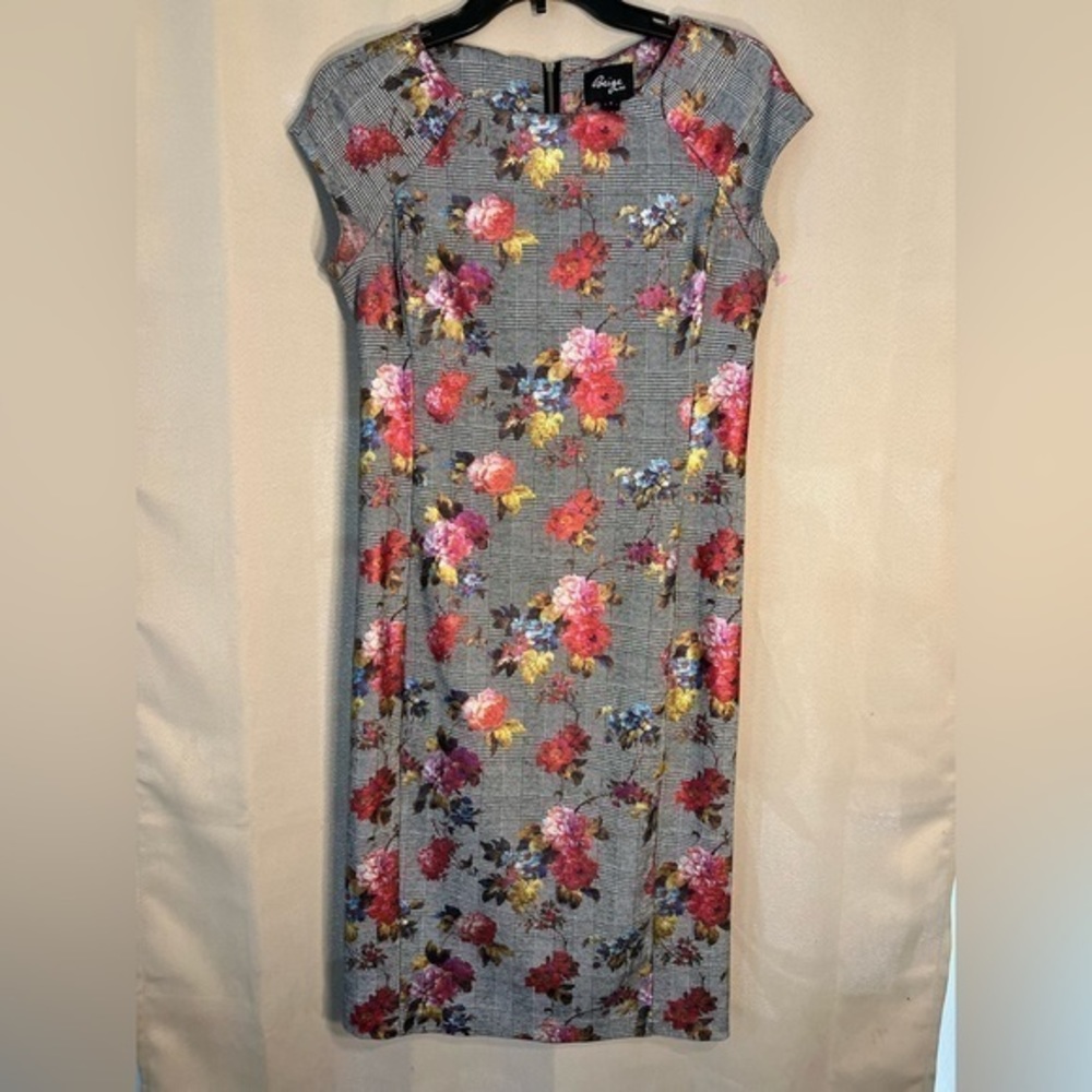 Beige by eci Size 4 Metallic-Print Plaid Sheath Floral Short Sleeve Dress